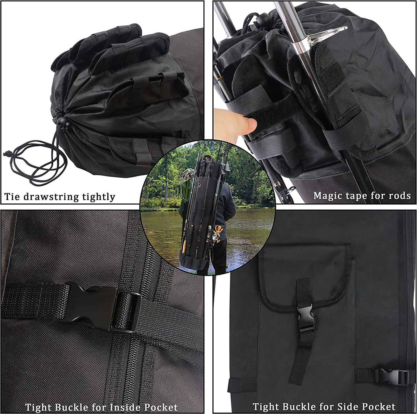 Fishing Pole Bag with Rod Holder Fishing Rod Bag, 5 Rod & Reel Organizer Bag Waterproof Large Capacity Fishing Tackle Storage Bag Travel Carry Case Fishing Gifts for Men