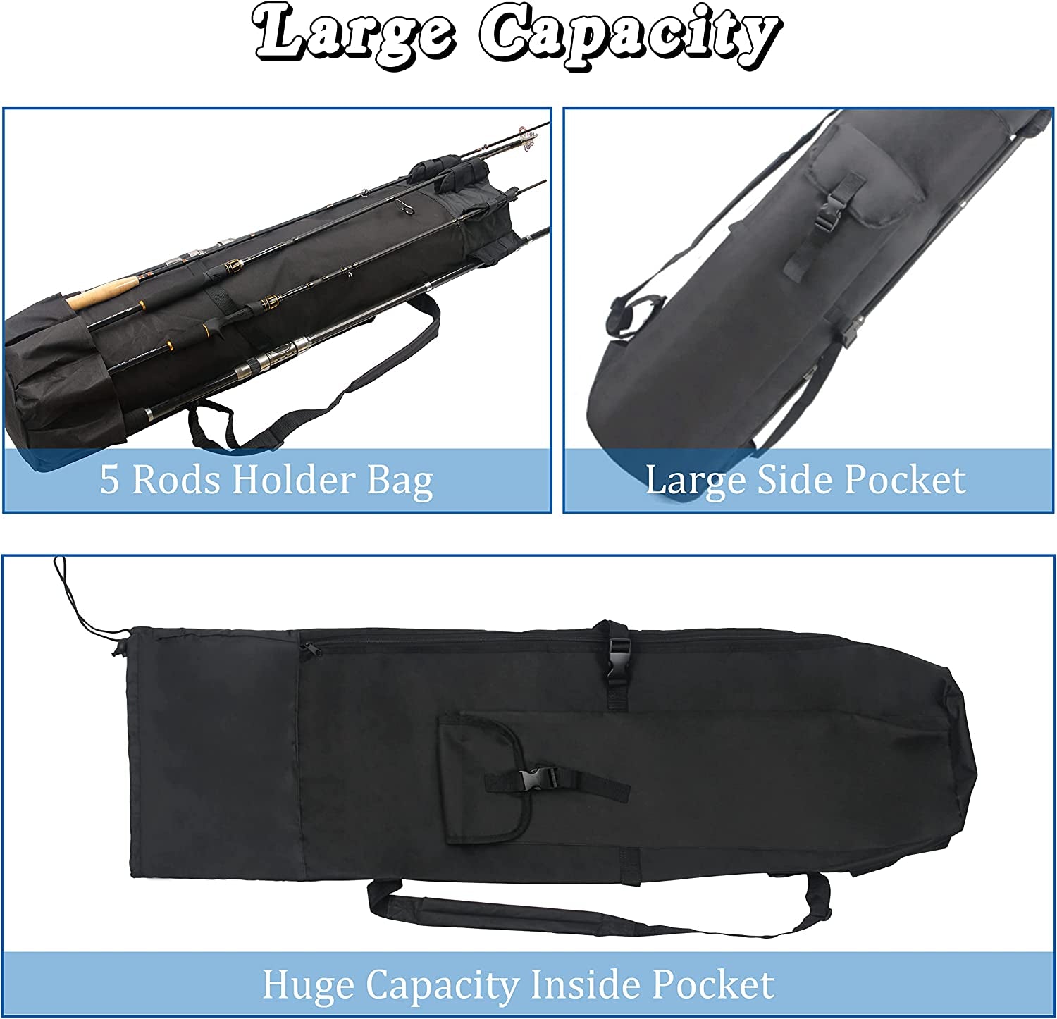 Fishing Pole Bag with Rod Holder Fishing Rod Bag, 5 Rod & Reel Organizer Bag Waterproof Large Capacity Fishing Tackle Storage Bag Travel Carry Case Fishing Gifts for Men