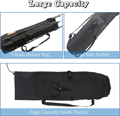 Fishing Pole Bag with Rod Holder Fishing Rod Bag, 5 Rod & Reel Organizer Bag Waterproof Large Capacity Fishing Tackle Storage Bag Travel Carry Case Fishing Gifts for Men